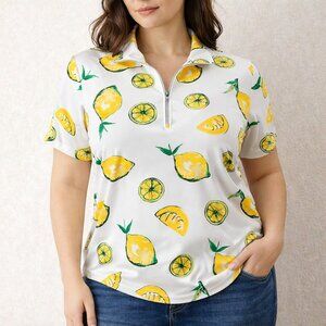 Chicos Weekends Lemon Print Half Zip Short Sleeve Top Stretch Womens Size 3 (XL)